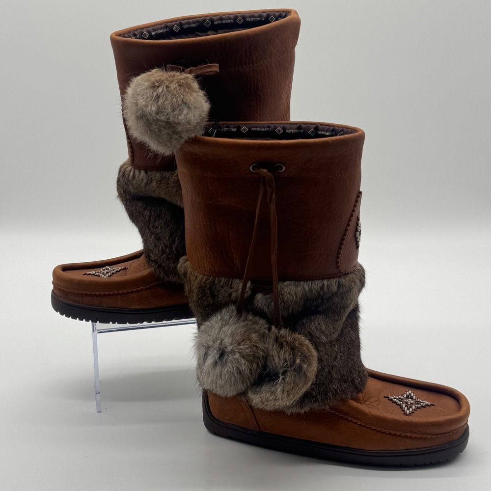 Manitobah Mukluks Waterproof Tan Leather Rabbit Fur Beaded Boots Womens 8 Mens 6